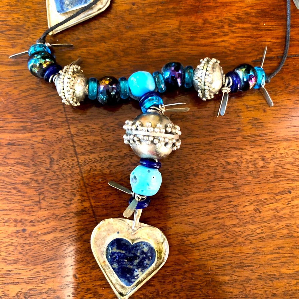 Silver and Blue Bead Necklace on Black Leather Tie